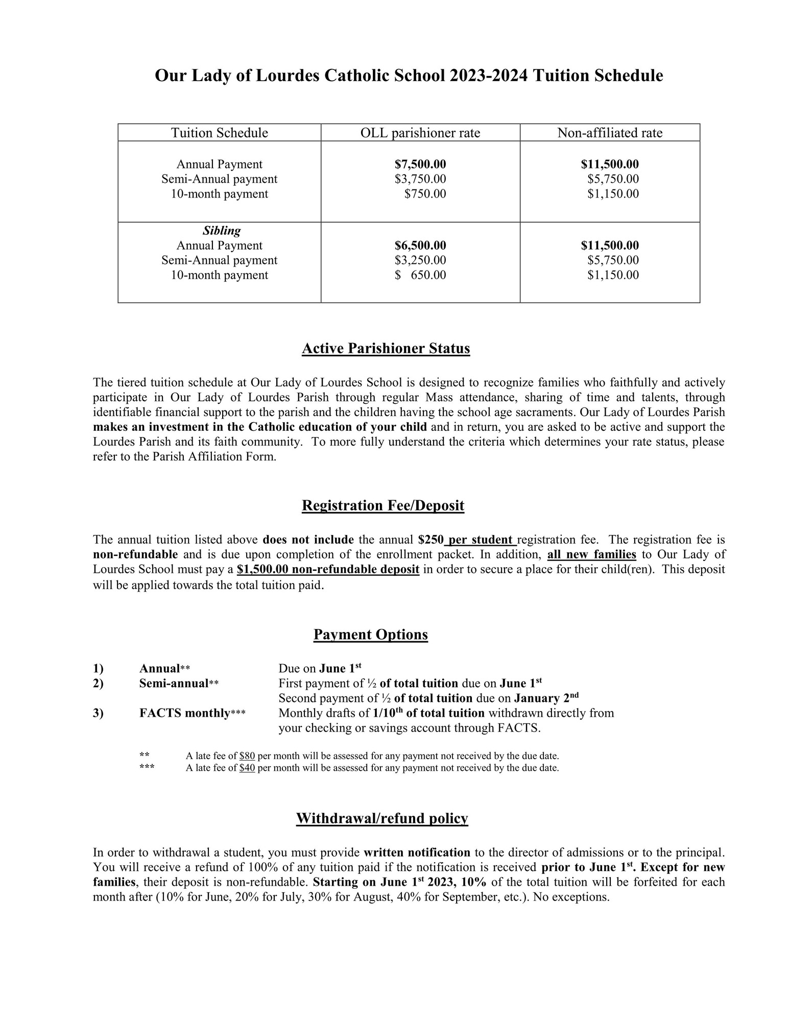 Tuition Our Lady of Lourdes Catholic School Raleigh, NC